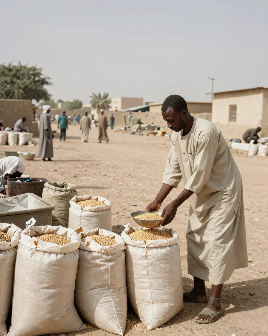 Documentary editorial photograph of a Sudanese trading scene, a vendor weighing grain beside sacks under natural dayligh
